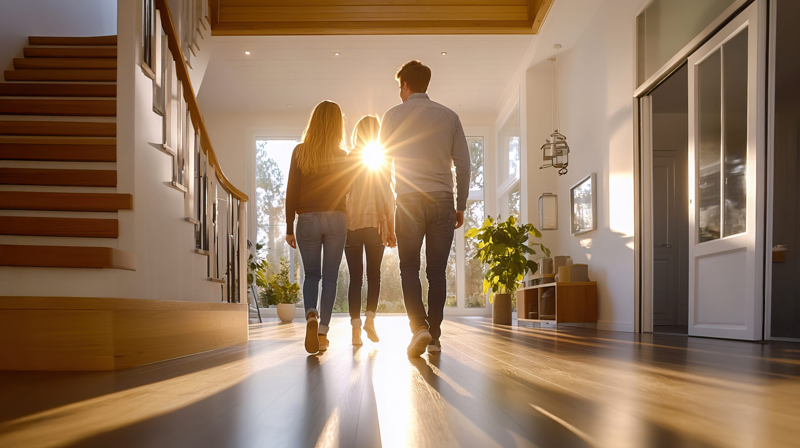 Familie bei der Besichtigung einer lichtdurchfluteten Wohnung